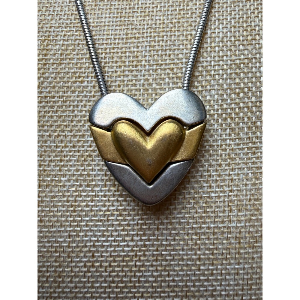 Chicos Silver Gold Mixed Metal Heart Pendant Snake Chain Necklace Retro 90s